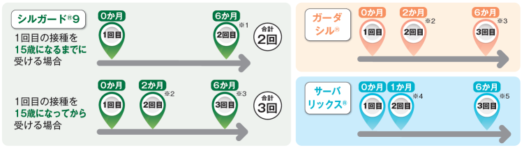 接種間隔についての説明。15歳未満の場合2回接種する必要があり、1回目の後に5か月以上を開ける必要がある。15歳以上の場合は、3回接種する必要があり2回目は2か月目、3回目は6か月目に接種する必要があります。