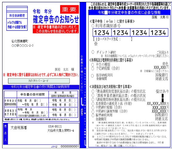 確定申告のお知らせのはがきイメージ
