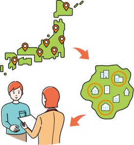 統計調査員が、男性と向かい合て話しているイラスト。背景には日本地図と対象地域の地図があり、その中にいくつかの家が赤丸で示されている。